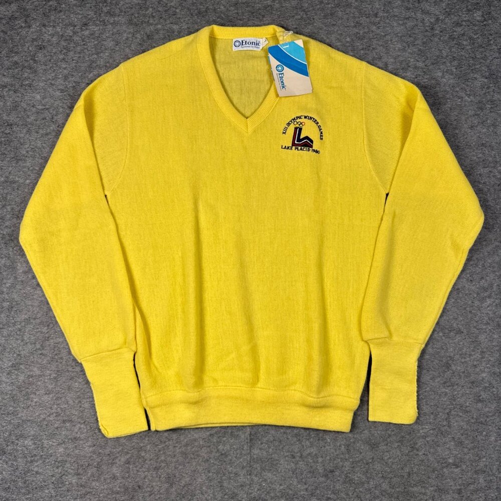 Vintage Lake Placid Eaton Sweater Large Yellow Miracle on Ice Winter Olympics